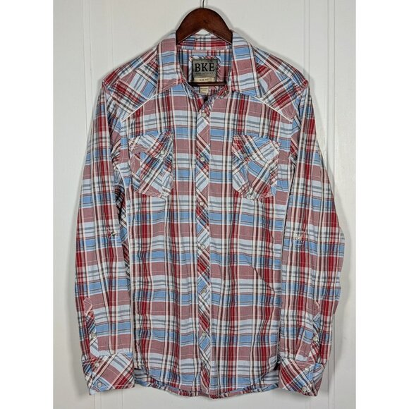 BKE Plaid Pearl Snap Long Sleeve Shirt Mens Large Blue Red Western Y2K Buckle - Picture 1 of 4
